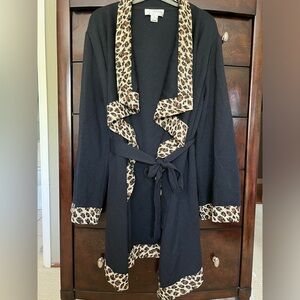 Beautiful St John cardigan w tie blk w animal print trim. Size Lg